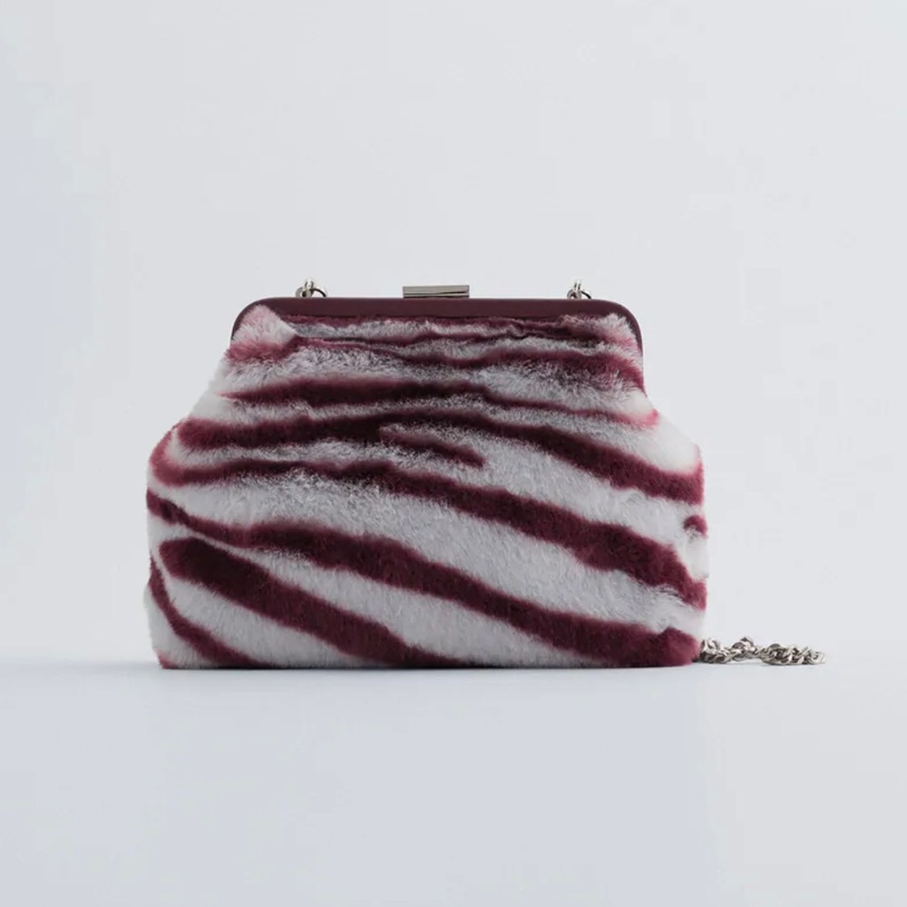 Zara White and Burgundy Zebra Faux Fur Chain Crossbody Bag